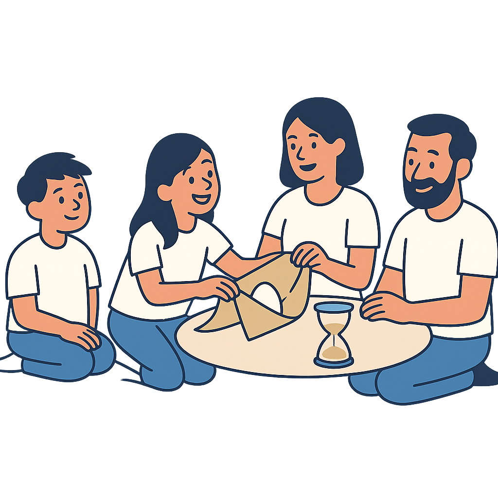 A team sitting around a table with an hourglass, carefully wrapping an egg in a cloth, focused on the pressure of a ticking clock.