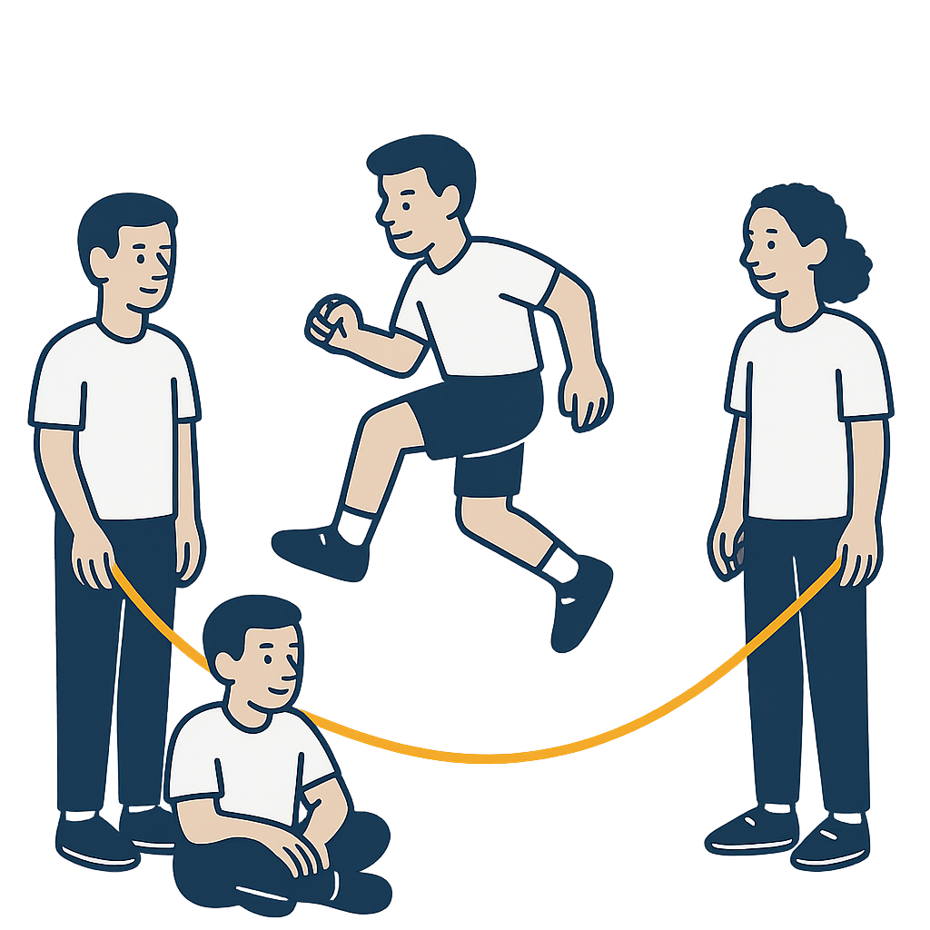 Four people playing a game of jump rope, where one person sitting down found a creative way to circumvent the rules of the game.