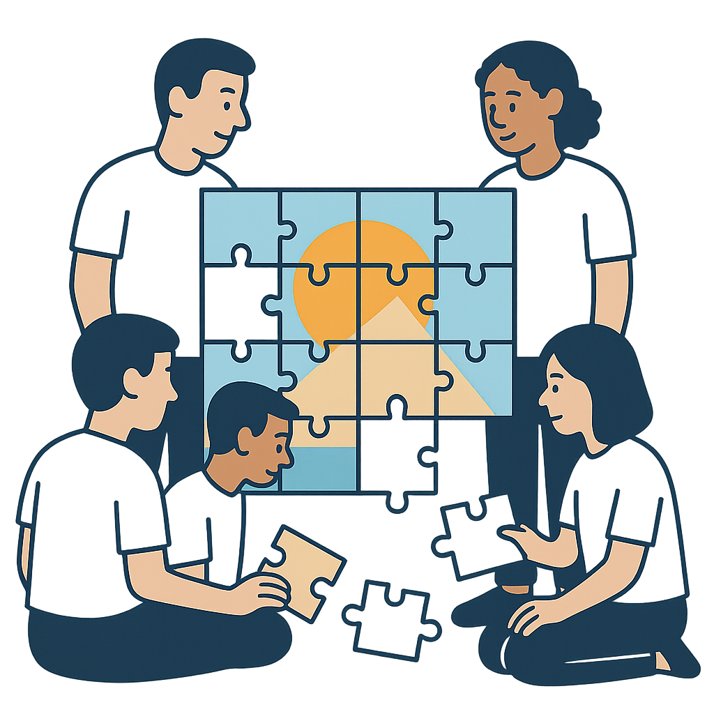 Five people working together to solve a large jigsaw puzzle of a mountain landscape with several pieces still missing.