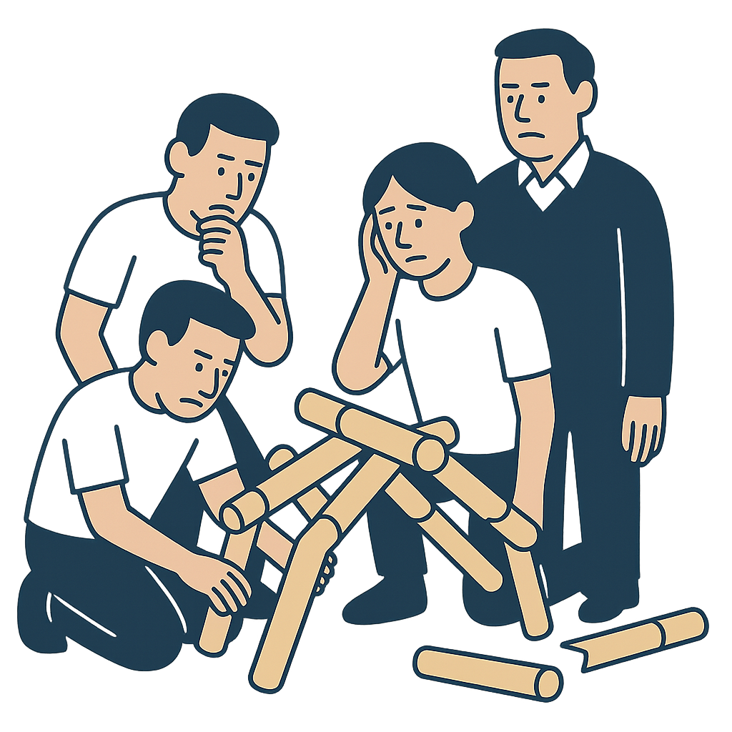 A team looking thoughtful and slightly discouraged while standing over a collapsed bridge made of sticks.