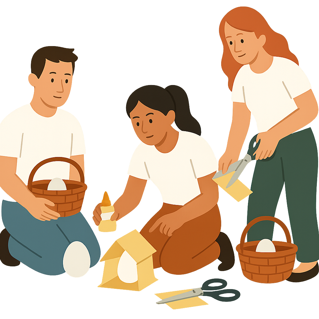 Three team members work closely to build a protective house for an egg, sharing tools like scissors and glue to complete the collaborative task.
