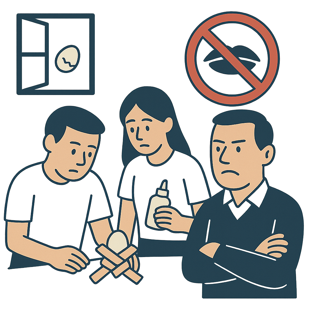 A team working on an egg-drop challenge while a man in the foreground has his arms crossed and is forbidden from speaking, as indicated by a 'no talking' sign.