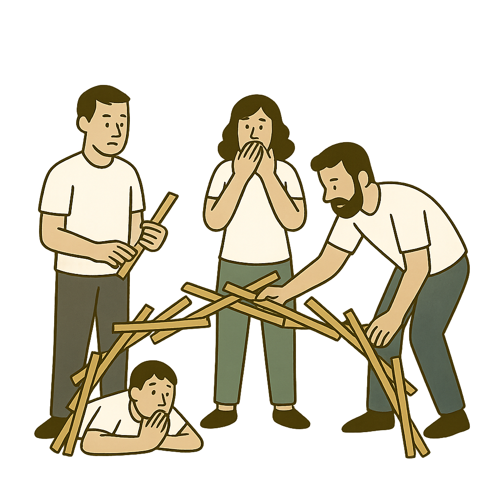 Four people collaborating on building a self-supporting bridge made of wooden sticks against a dark background. One person lies on the ground observing closely while others carefully adjust the structure, demonstrating a focused non-verbal teamwork exercise.