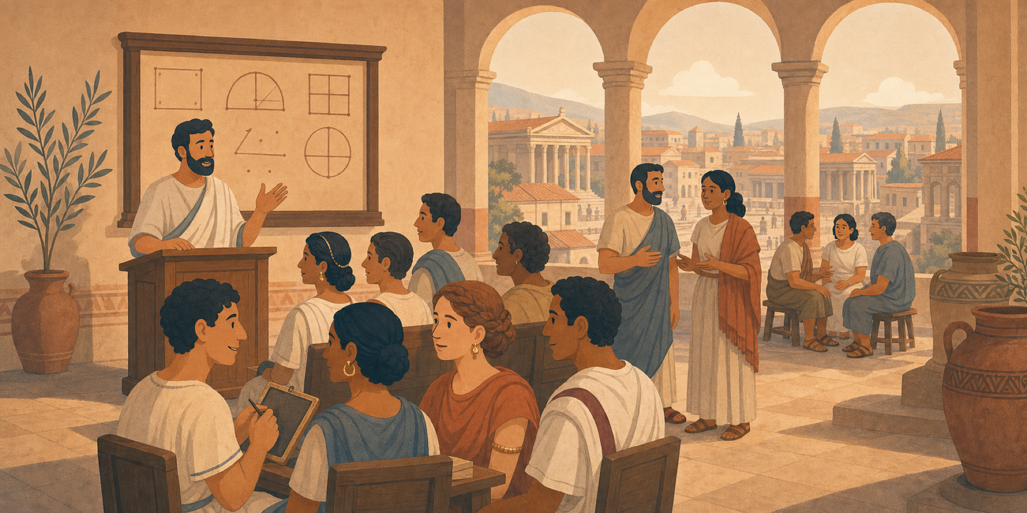 Orator in basilica Romana loquitur; alii in parvis circulis inter columnas colloquuntur, dum urbs antiqua per aperturas cernitur.