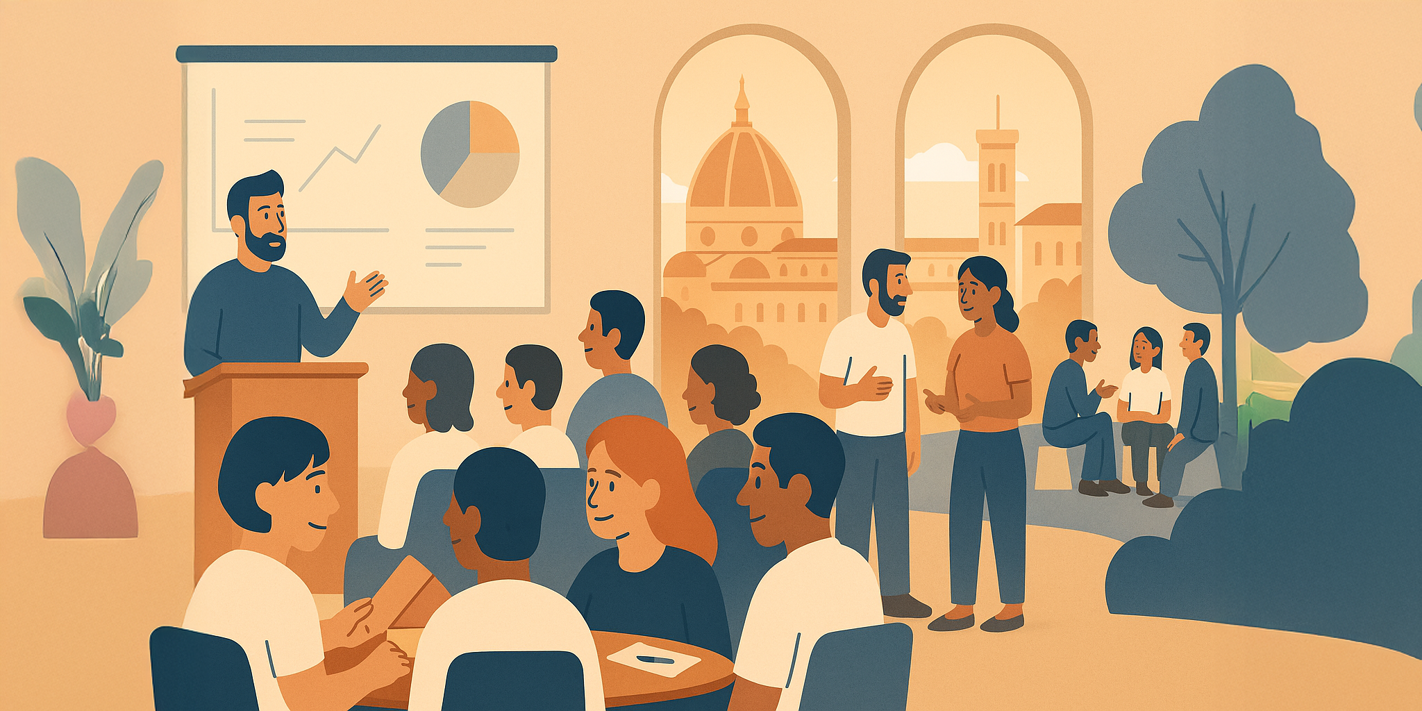 An illustration of a dynamic Umami conference design: a speaker at a podium with listeners, and participants engaged in small group discussions, with large windows overlooking a historic city silhouette, symbolising the interesting cities Umami is known for their conferences.