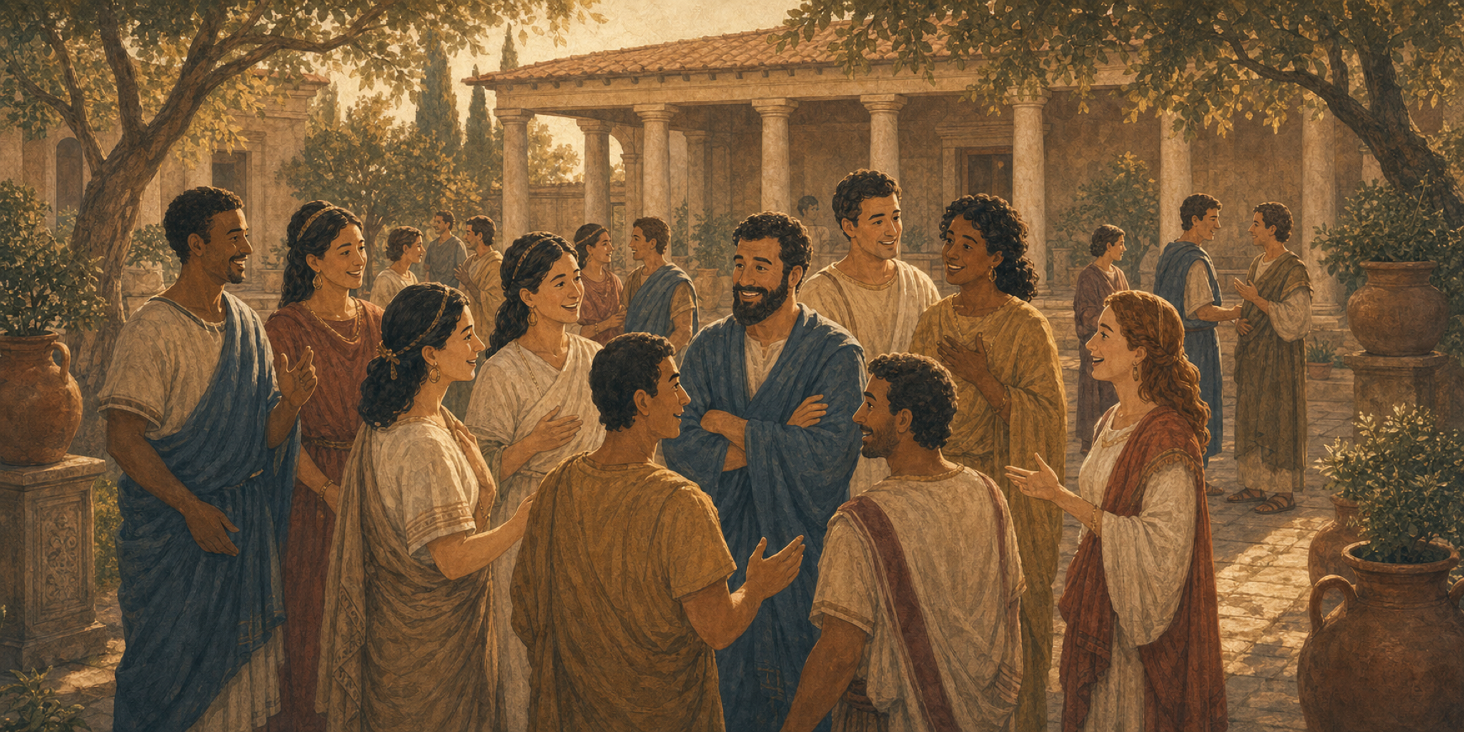 Magna sodalitas in horto Romano sub arboribus convenit; homines tunicis induti colloquuntur, rident, et inter porticus cibum communicant.