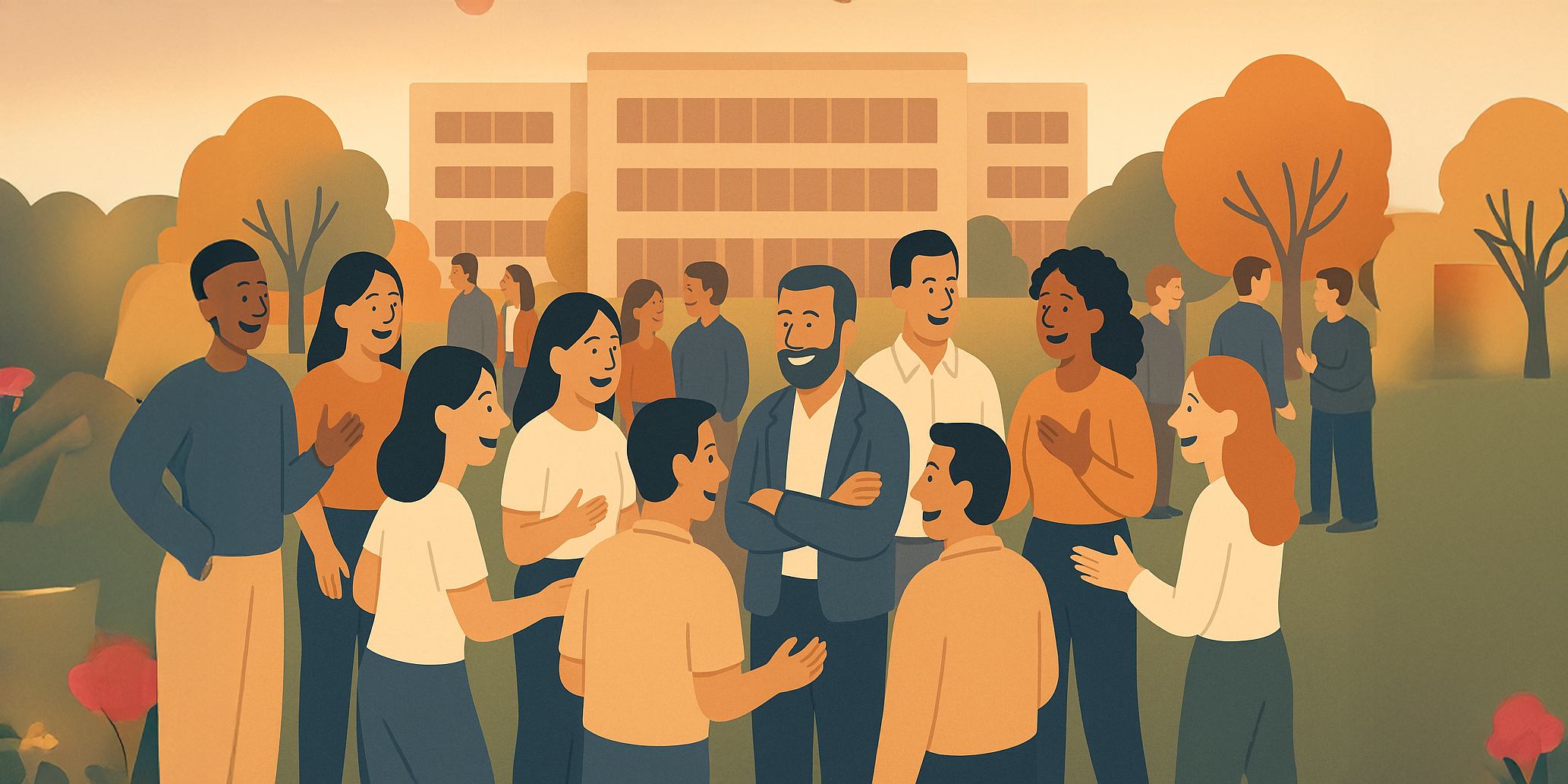 A large group of people engaged in friendly conversation and laughter in an outdoor park setting with a building in the background, representing a Umami community gathering.
