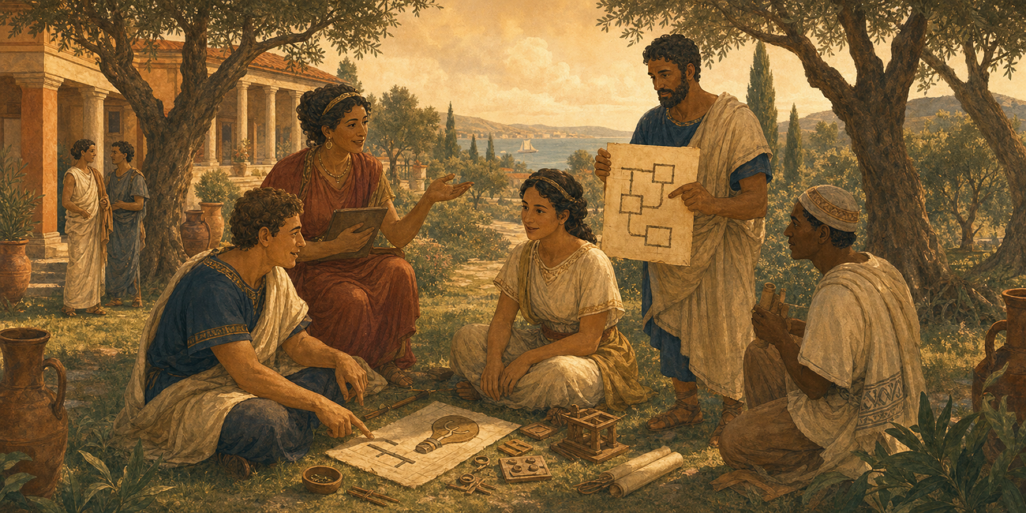 Sodales e diversis artibus in prato prope villam Romanam sedent; tabulas ceratas, chartas, funes, et parva exemplaria ad novum consilium componunt.