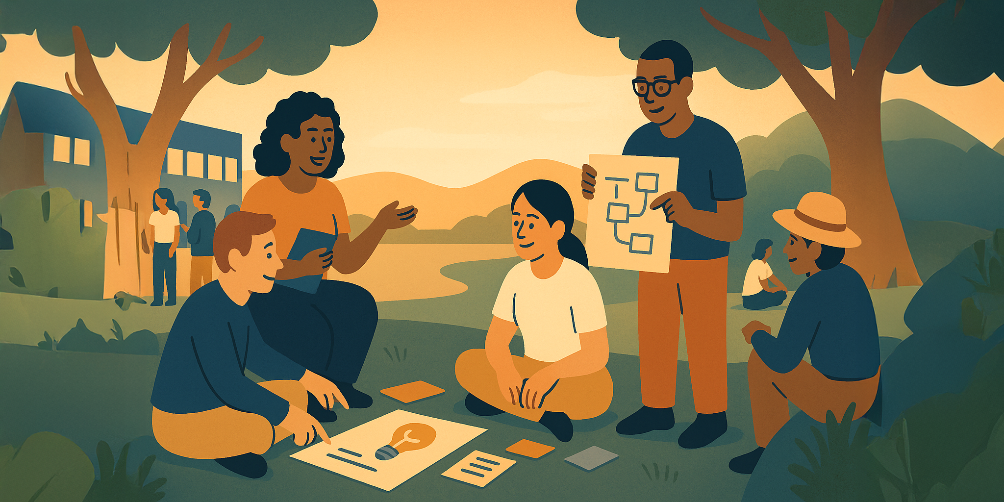 A cross-functional team sitting on the grass in a natural landscape, collaborating on a flowchart and an idea poster during an Umami innovation retreat.
