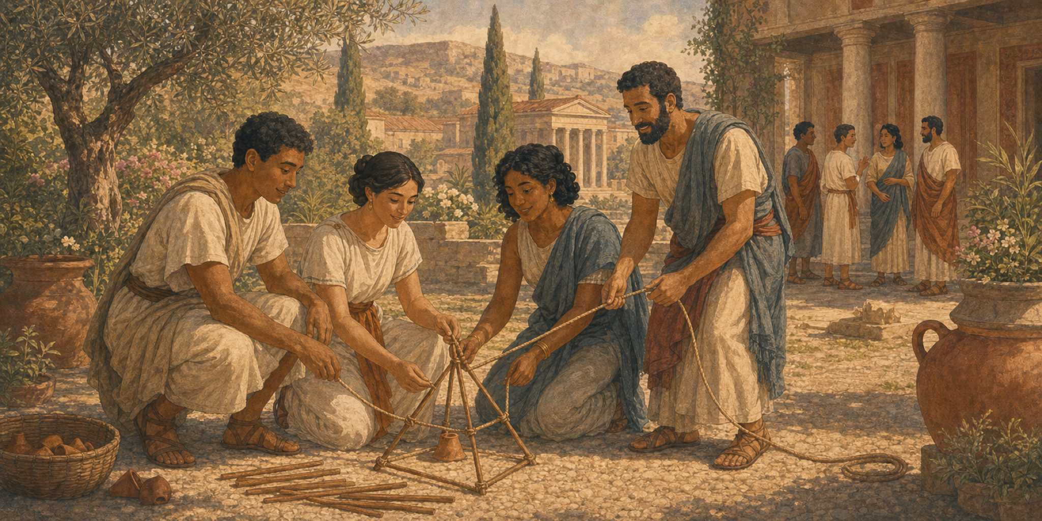 Quattuor sodales in horto Romano funibus et lignis structuram communem aedificant; vestes et instrumenta ad primum saeculum pertinent.