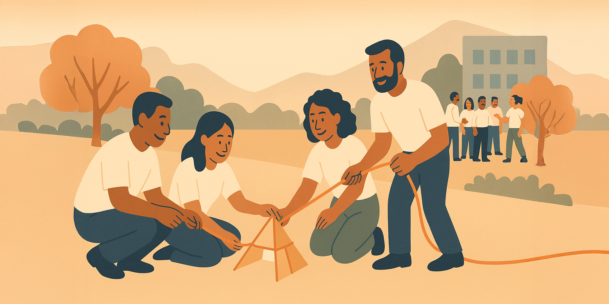 A team of four people collaborating on a rope and wooden structure challenge outdoors, representing an Umami team-building event focused on trust and communication.
