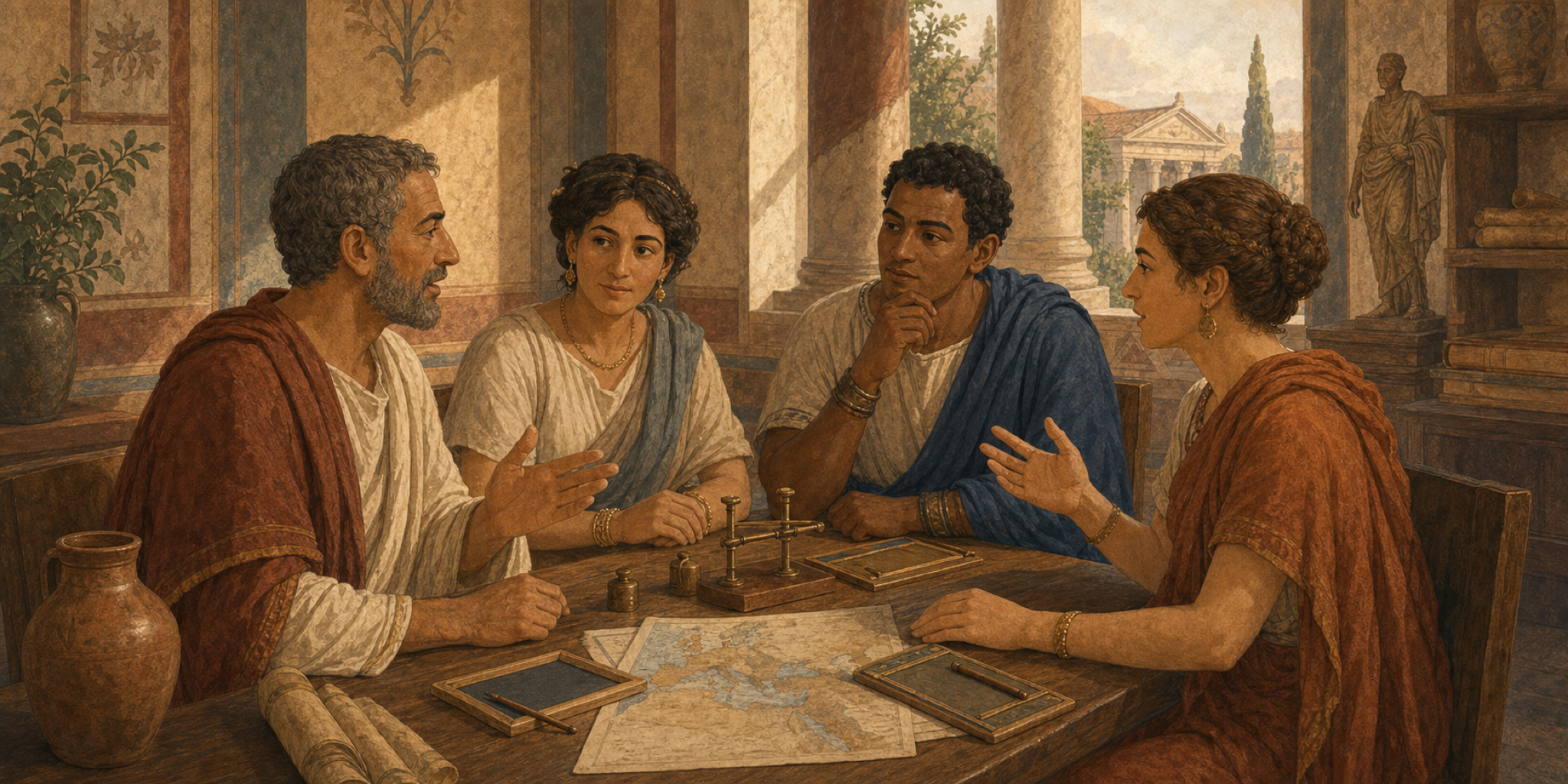 Quattuor periti e diversis provinciis circa mensam ligneam in villa Romana sedent; tabulas ceratas, exemplum novi instrumenti, et mappam imperii tractant.