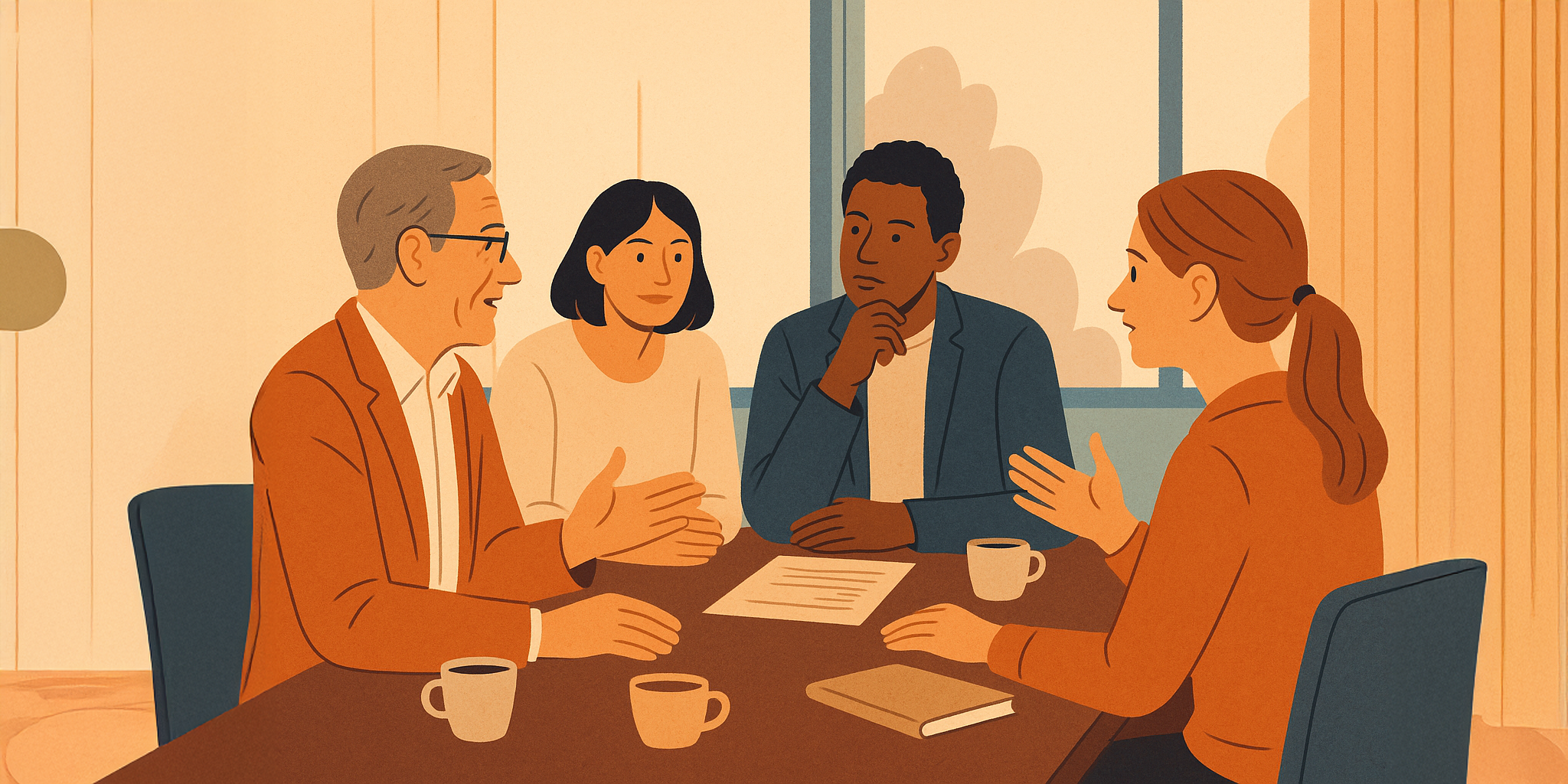 Four professionals from diverse backgrounds engaged in a strategic meeting around a wooden table, representing a high-impact Umami use case for an international corporation.