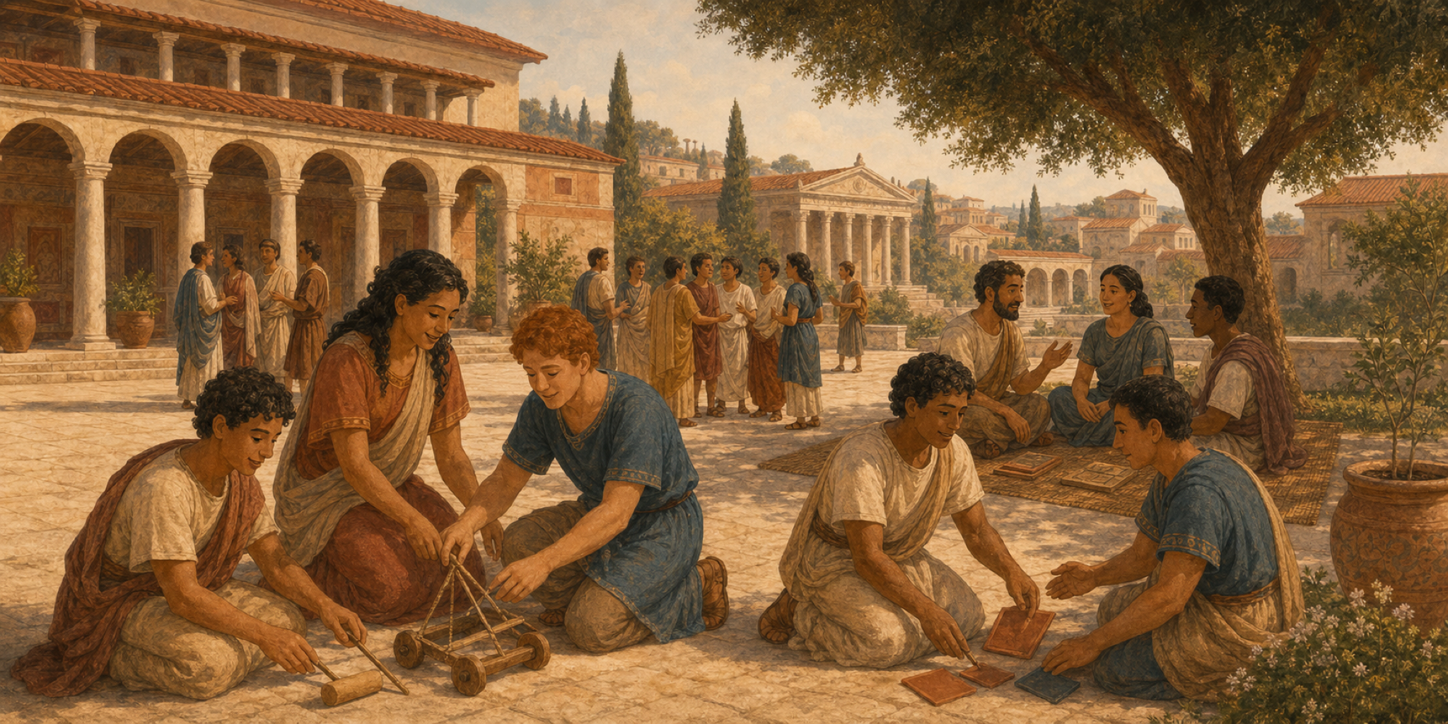 Campus villae Romanae sub divo; complures parvi coetus funibus, tabulis, lignis, et narrationibus variis exercitationibus student.