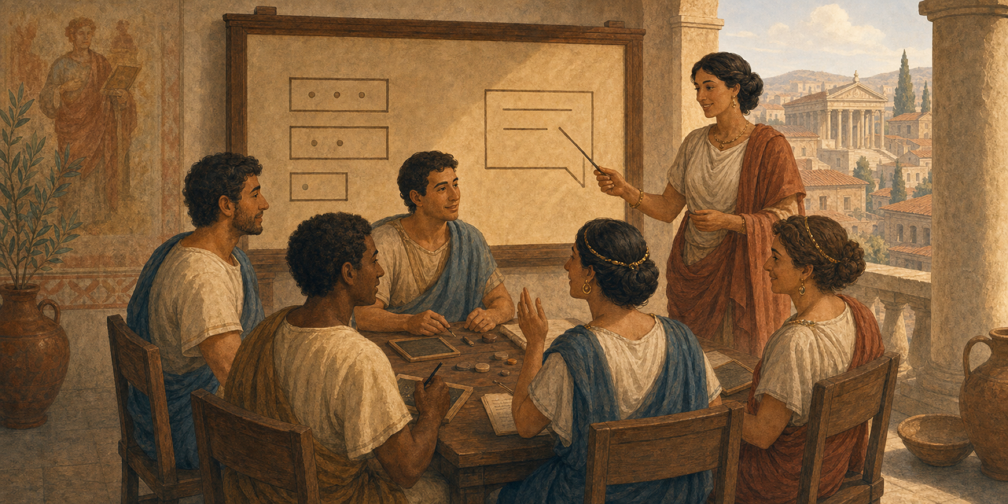 Magistra sub porticu in tabula cerata figuras ostendit; quinque sodales circa mensam cum stilis, calculis, et chartis disputant.