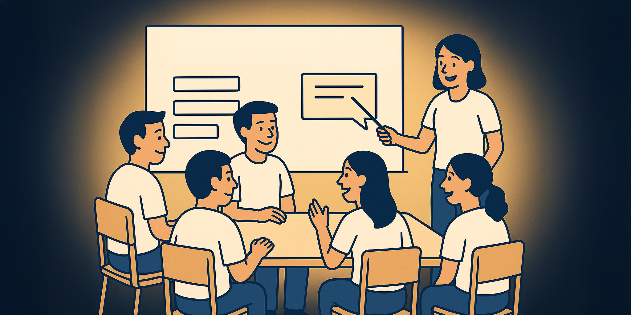 Illustration of a collaborative team workshop: A facilitator presents key concepts on a whiteboard to a group of five professionals engaged in active discussion around a table.