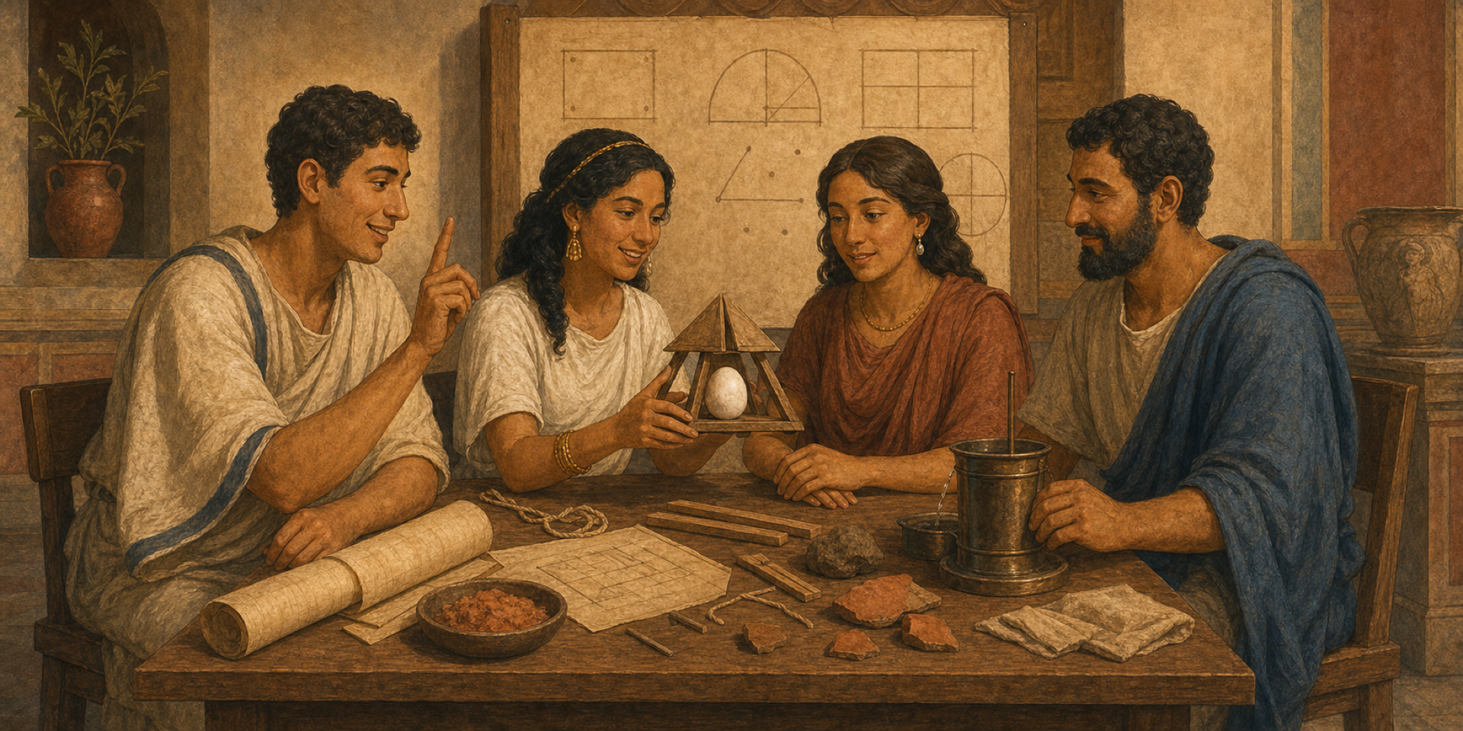 Quattuor sodales circa mensam ligneam problema construendo solvunt; clepsydra tempus metitur, dum magister quiete observat.