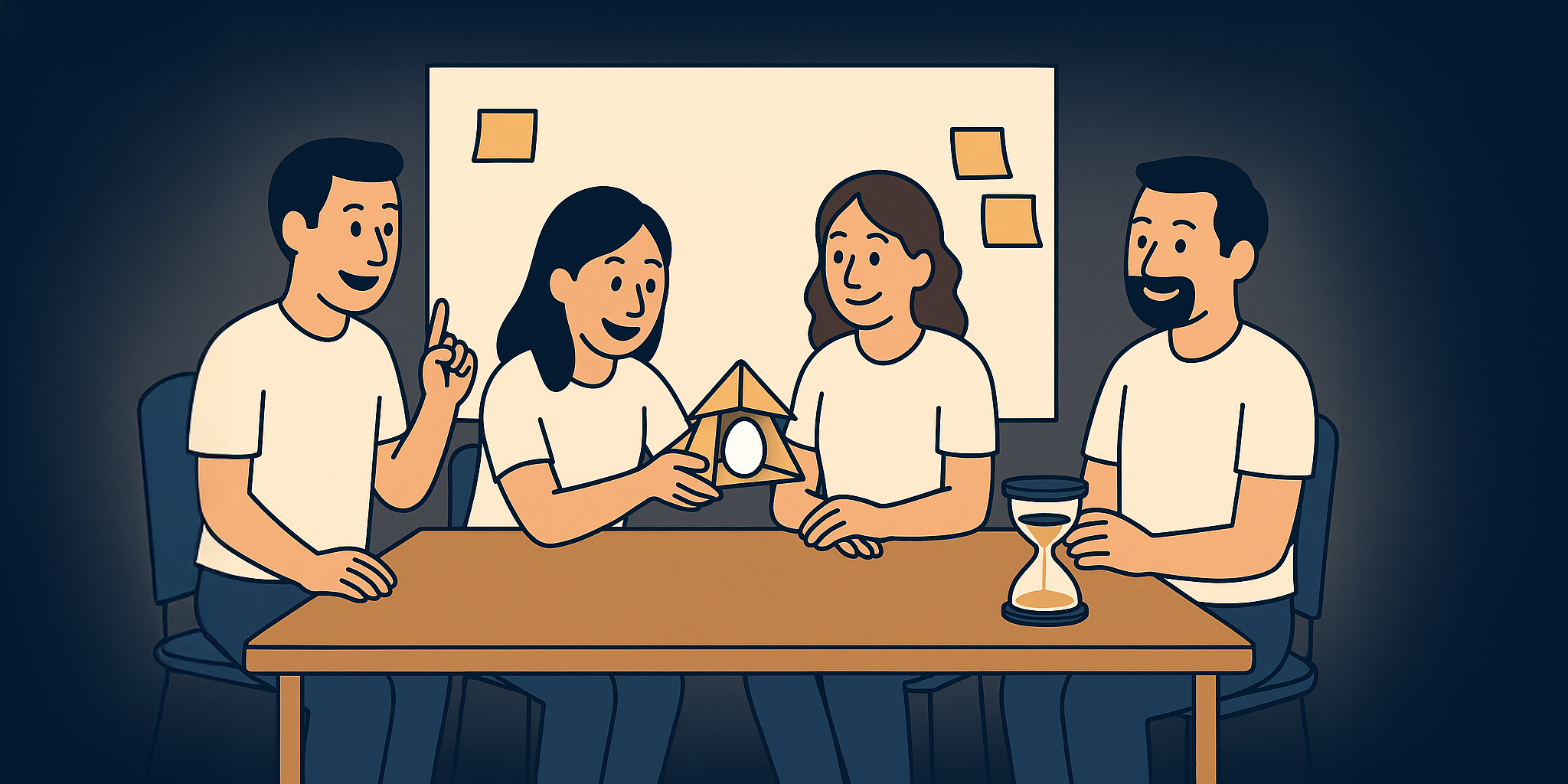 Four professionals collaborating on a creative problem-solving task at a wooden table with an hourglass, representing a timed experiential exercise in an Umami-flavoured meeting.