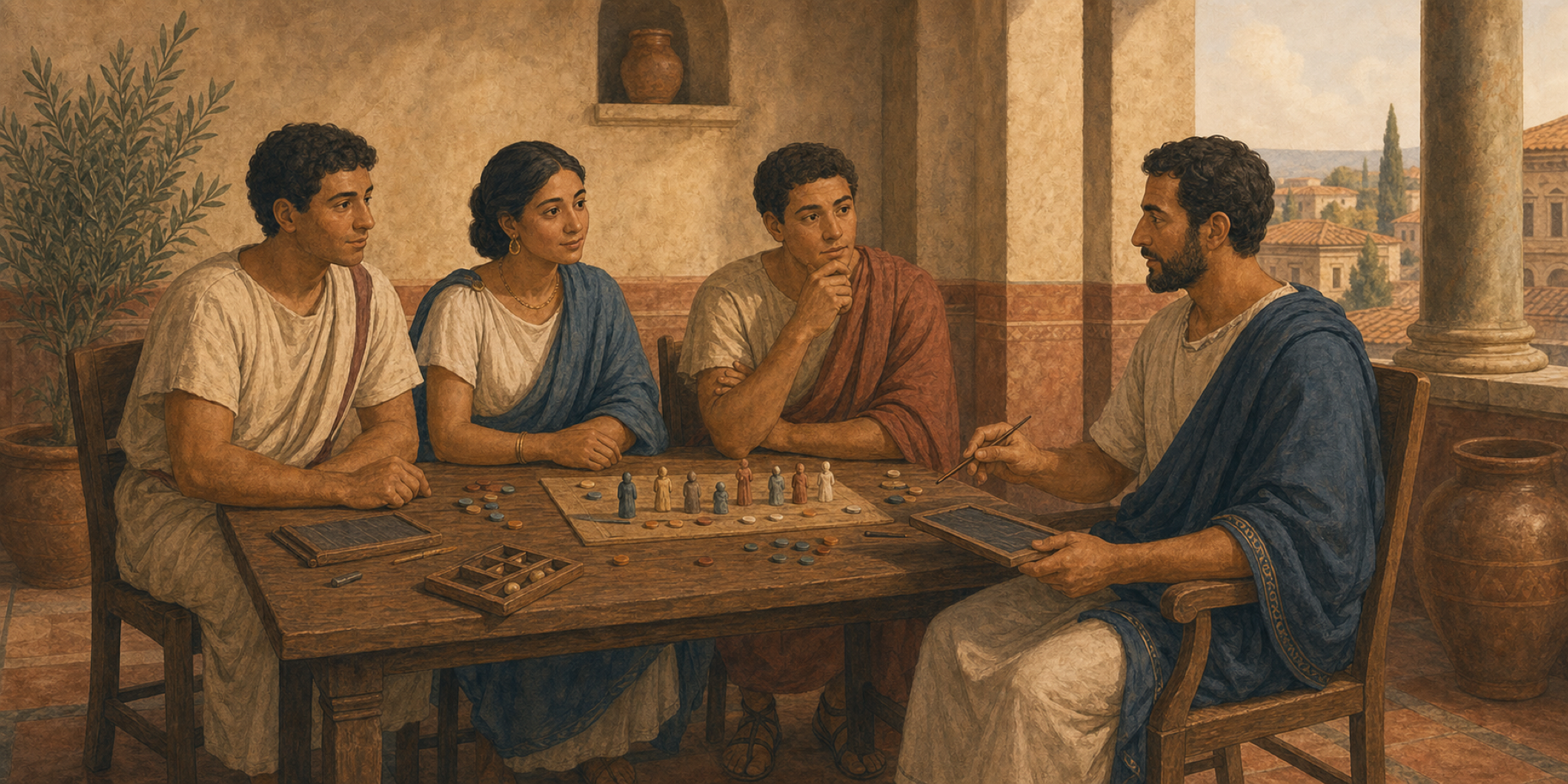 Moderator cum tribus sodalibus ad mensam sedet; calculi colorati, tabulae ceratae, et figurae relationes coetus visibiles faciunt.