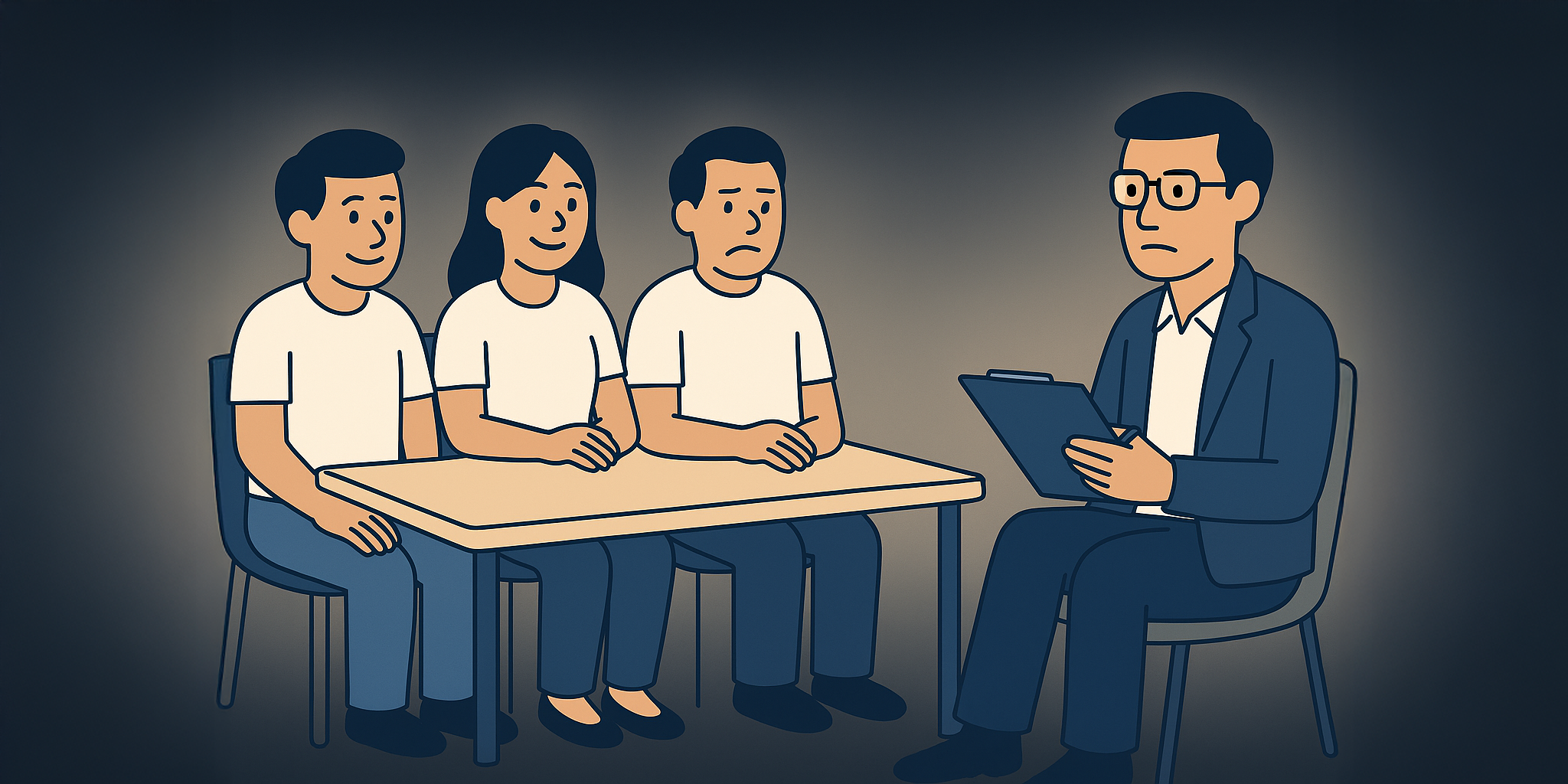 A professional facilitator conducting a team diagnostic session with three participants at a table, representing an Umami Pulse session for team reflection and orientation.