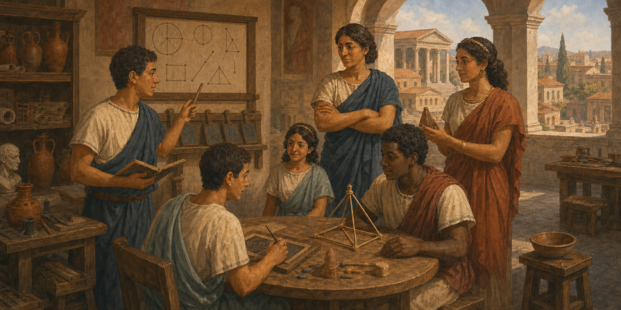 Sodales in ampla officina Romana lignis, funibus, calculis, et tabulis ceratis exemplaria construunt atque post experimentum disputant.