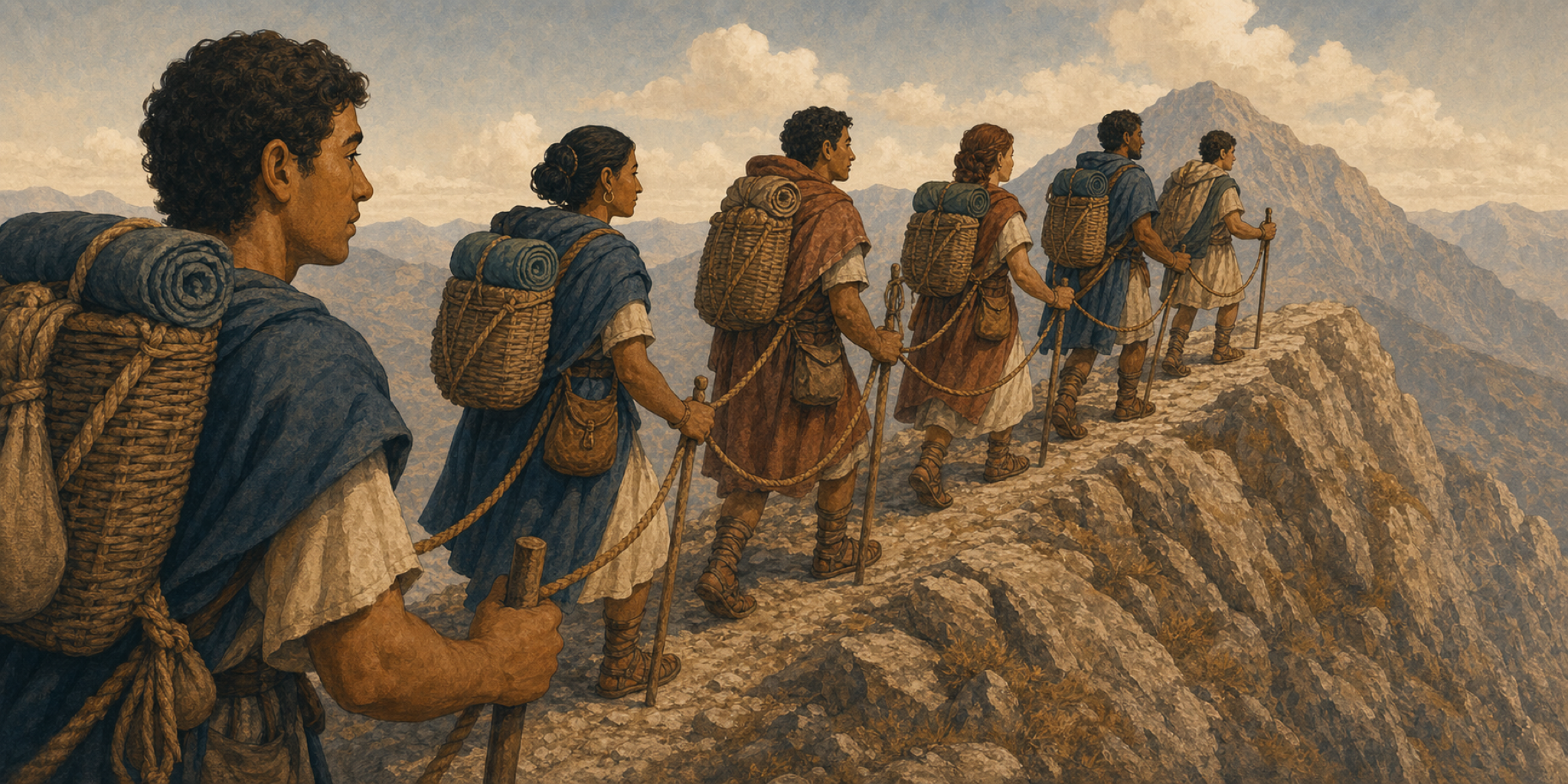 Sex viatores funibus inter se iuncti iugum montis ascendunt; vestes, calcei, sarcinae, et instrumenta ad iter Romanum pertinent.