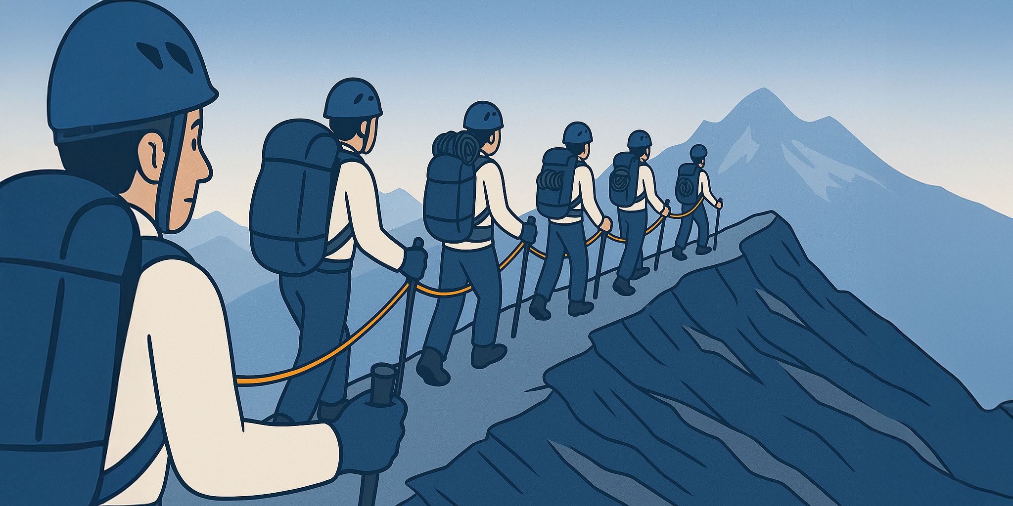 A team of six hikers roped together trekking along a high mountain ridge toward a peak, symbolising a structured Umami Development Journey and long-term cultural transformation.