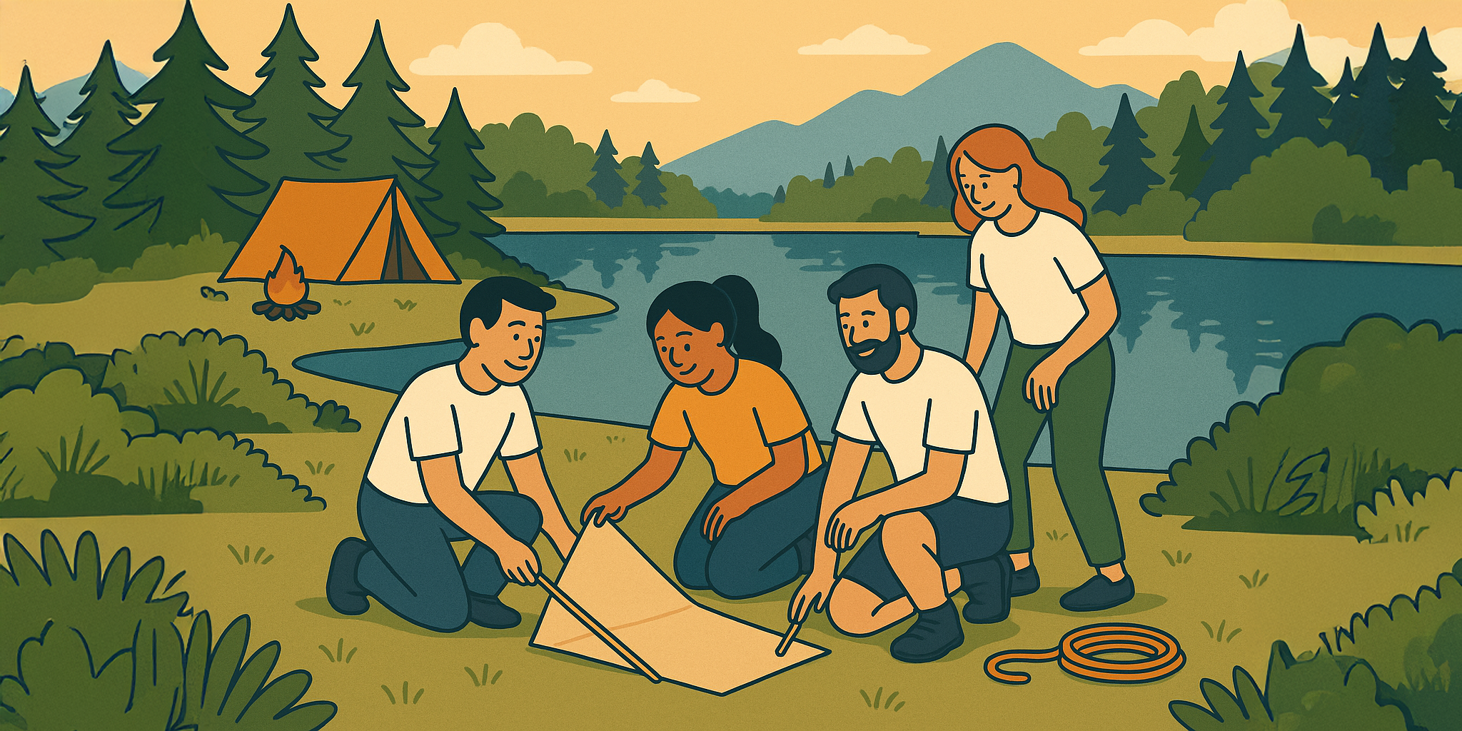 A team of four colleagues collaborating over a map in an outdoor camping setting by a lake, representing an Umami Experience camp for deep team reconnection.