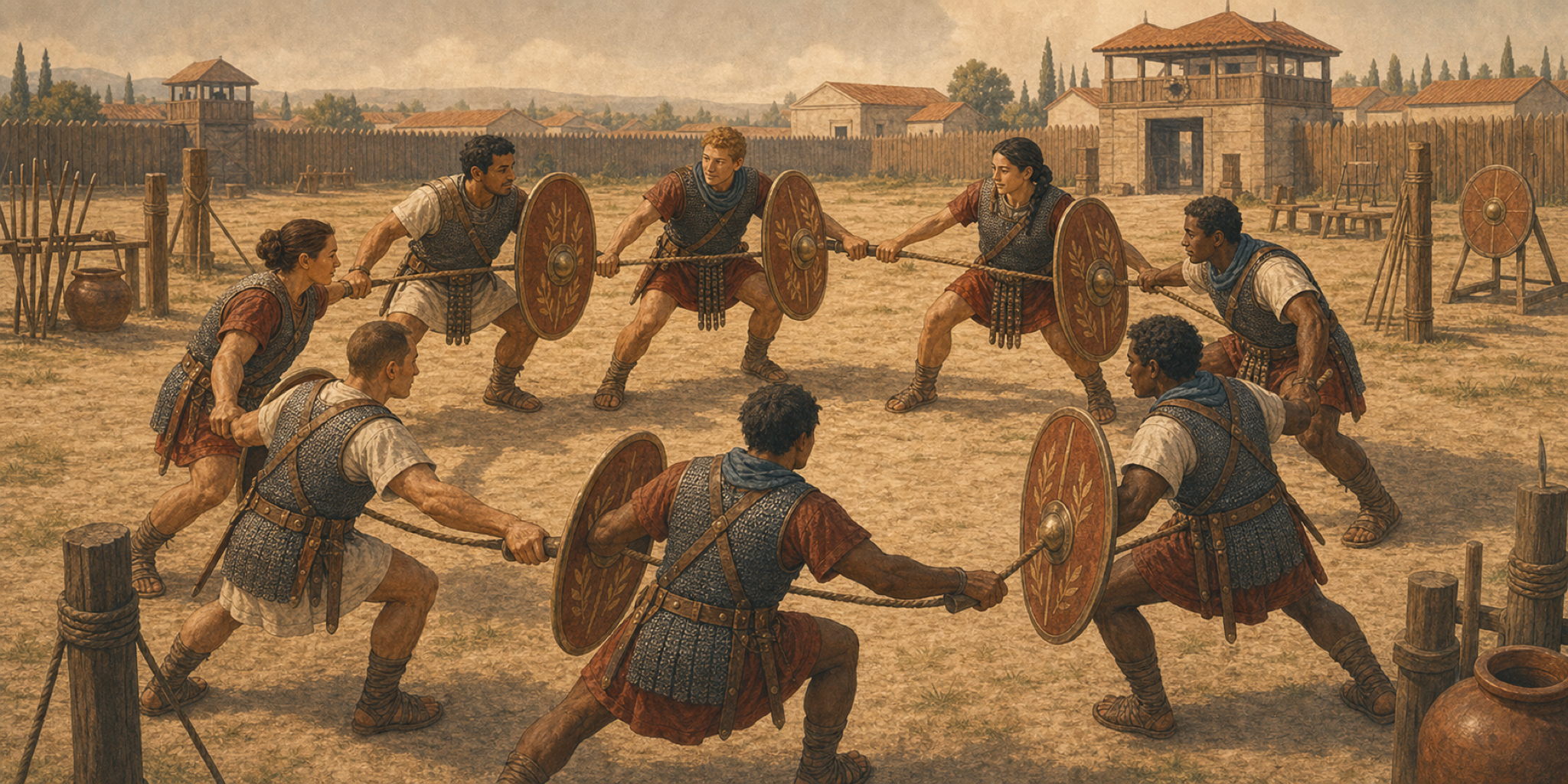 Octo milites Romani in campo exercitationis circulum scutis et funibus ordinant; actio synchroniam, fiduciam, et disciplinam communem ostendit.