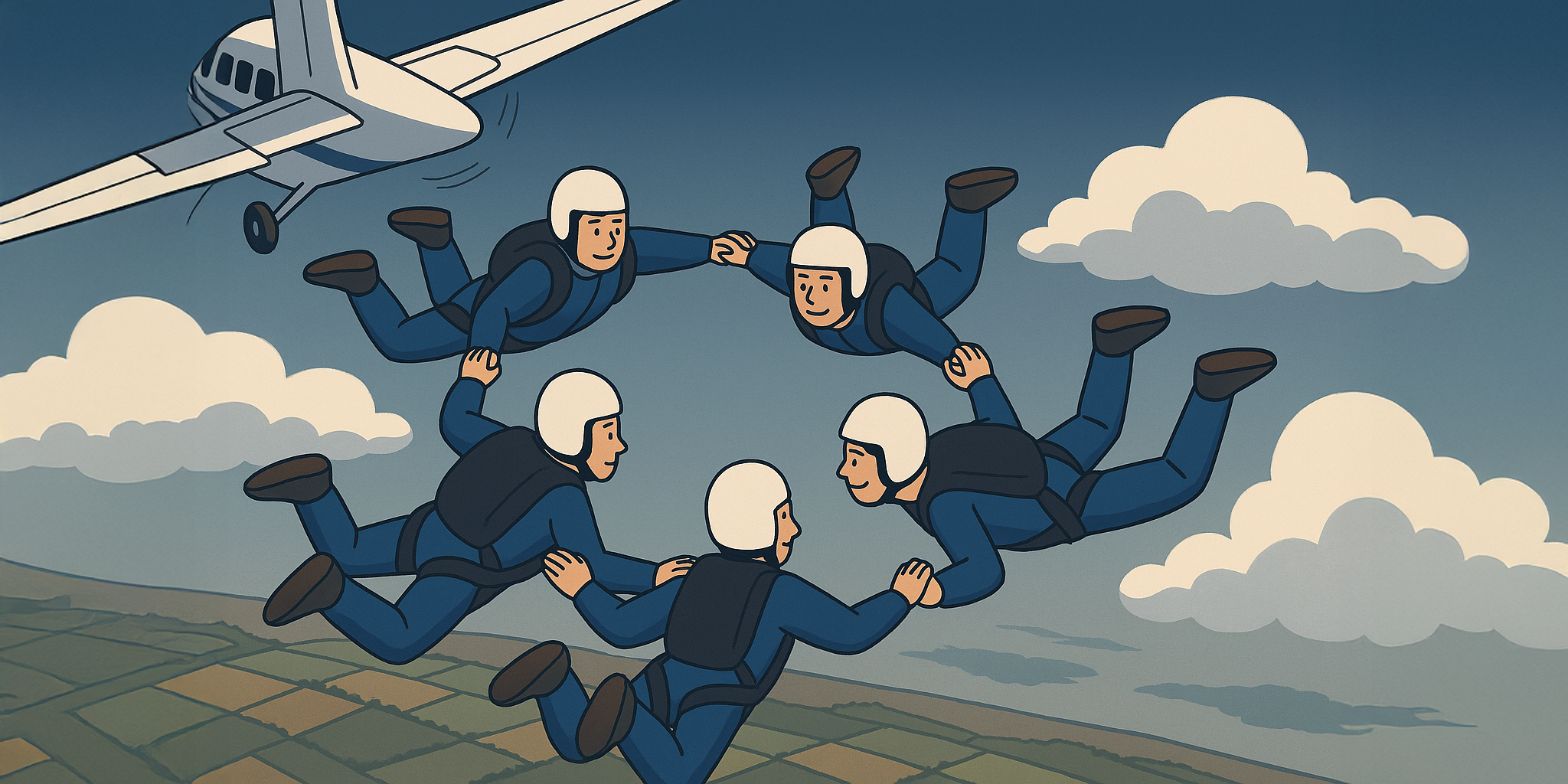ix skydivers in blue jumpsuits and white helmets holding hands in a circular formation during a jump, representing team synchronicity and Umami's experiential development approach.