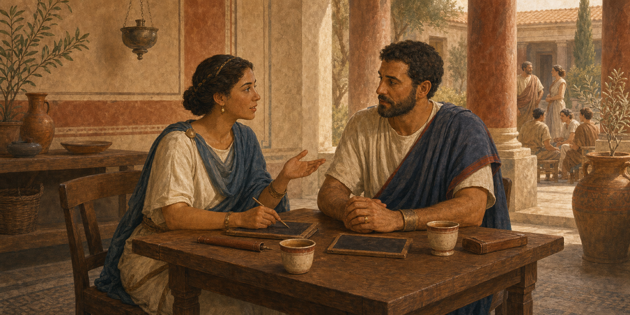 Femina negotii perita et vir magistratum gerens in peristylo Romano colloquuntur; tabulae ceratae et pocula in mensa sunt, sermo attentus et aequalis est.