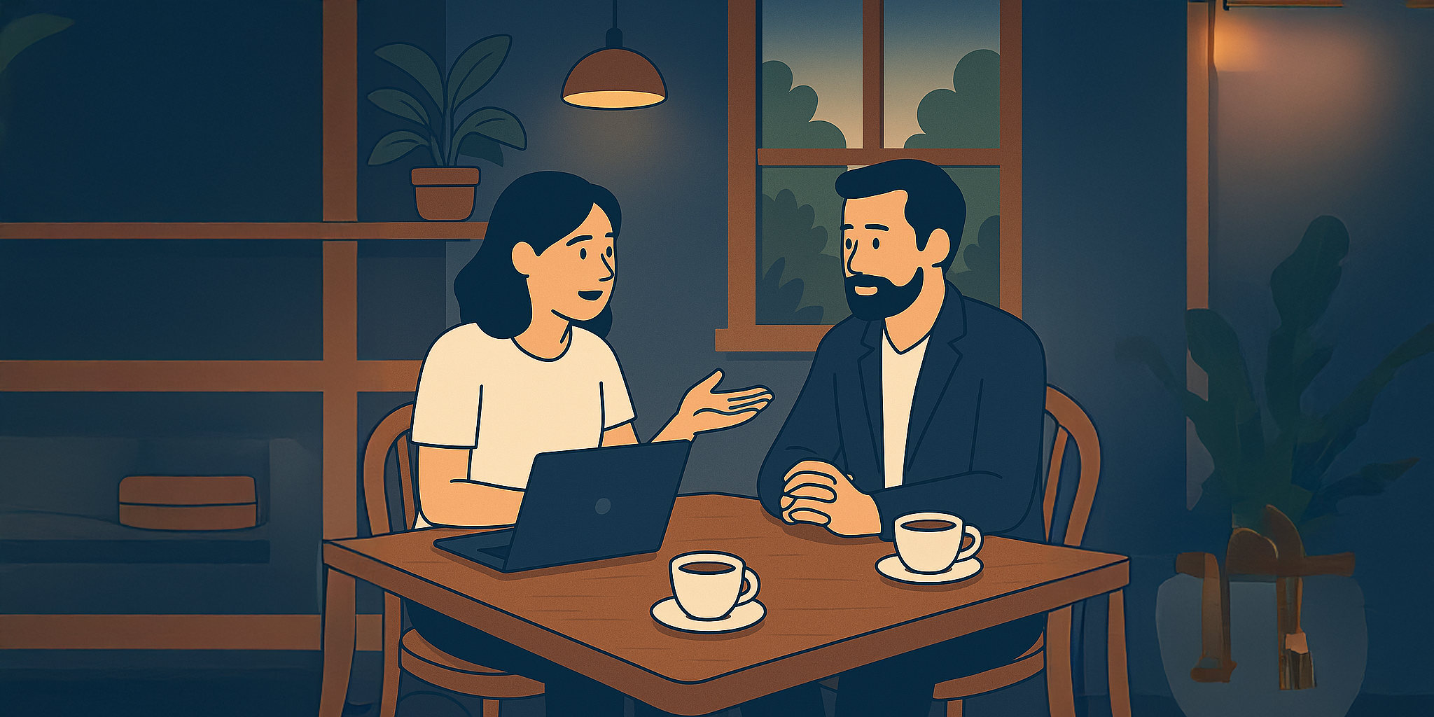 A professional woman and man engaged in a focused one-on-one leadership coaching conversation over coffee, representing Umami's relational and empathetic approach to leadership training.