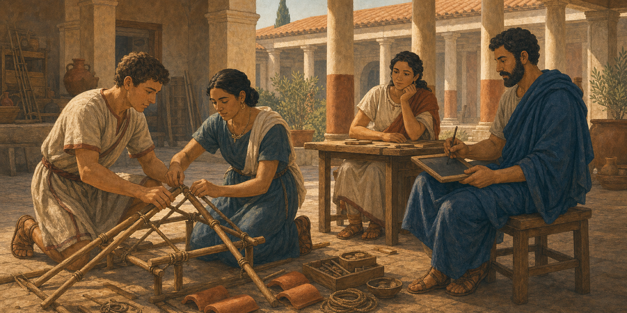 Duo candidati lignis, funibus, et testis structuram communem aedificant; moderator Umami in tabula cerata mores observatos notat.