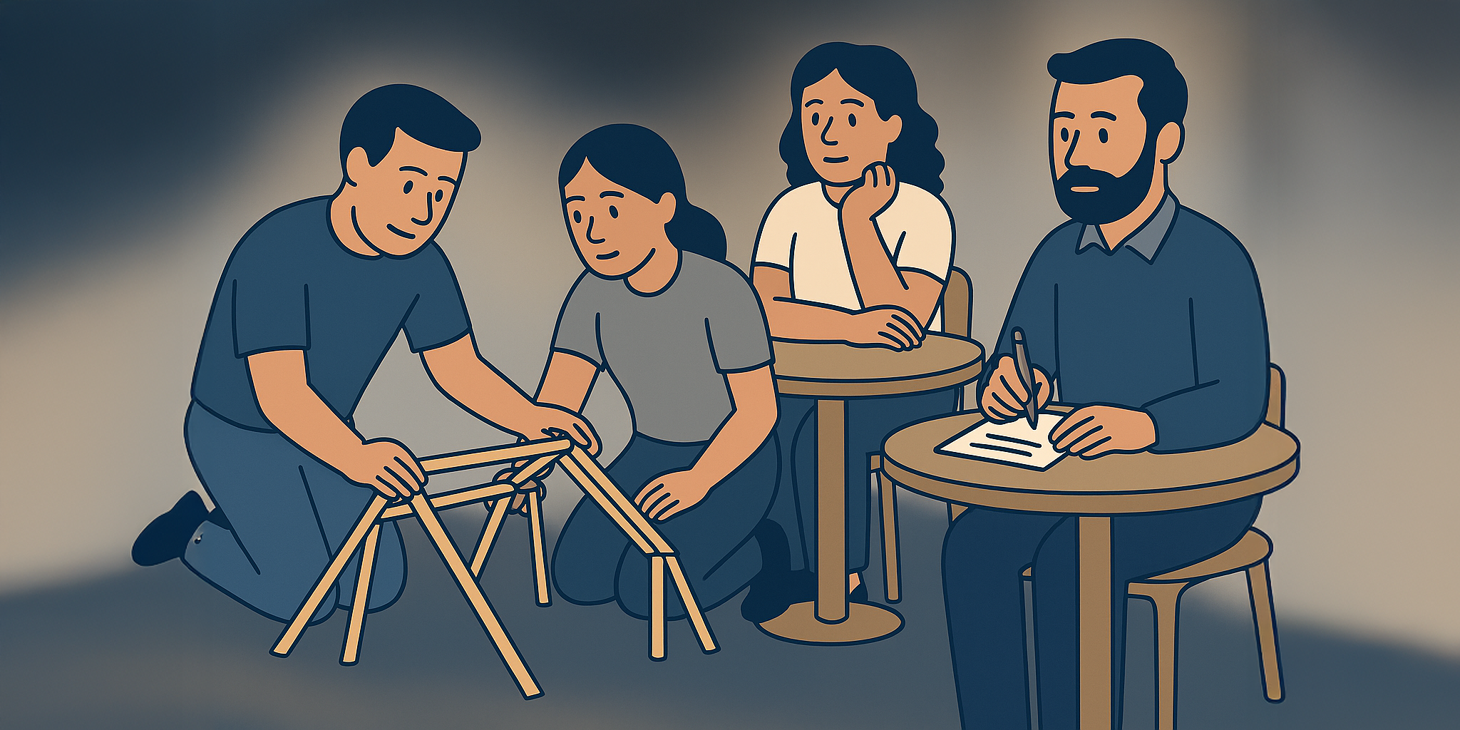 Two participants collaborating on a physical construction challenge while an Umami facilitator takes notes for a behavioral candidate assessment.