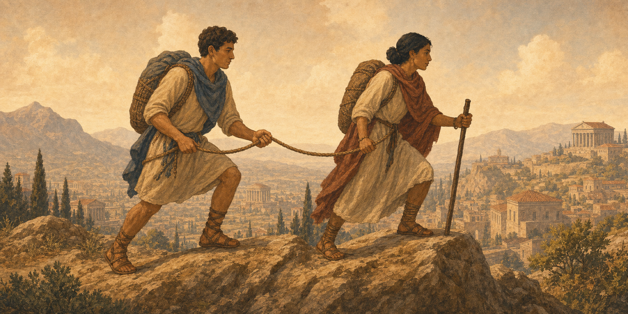 Duo viatores funibus iuncti iugum montis ascendunt; indumenta et sarcinae Romanae iter sustentatum atque personalem profectum significant.