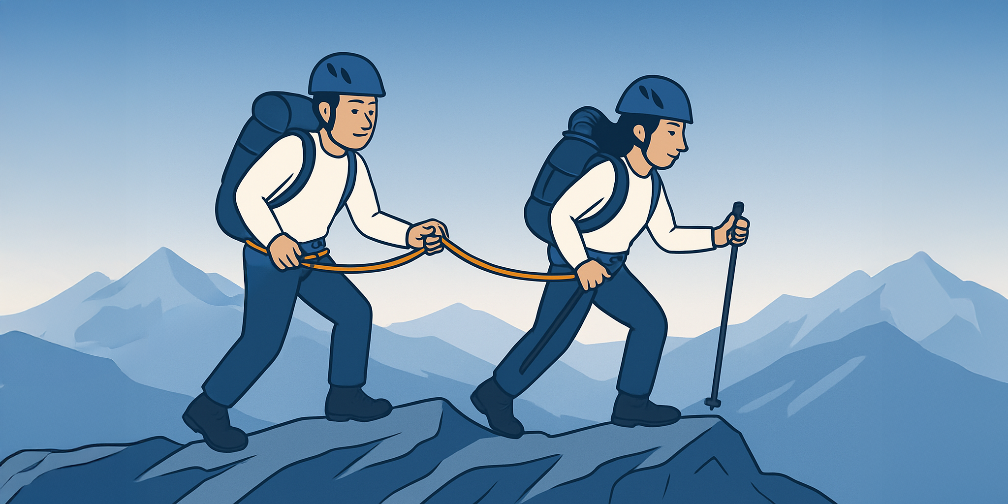 Two hikers roped together ascending a mountain ridge against a blue sky, symbolising supported individual development and personal growth journeys.