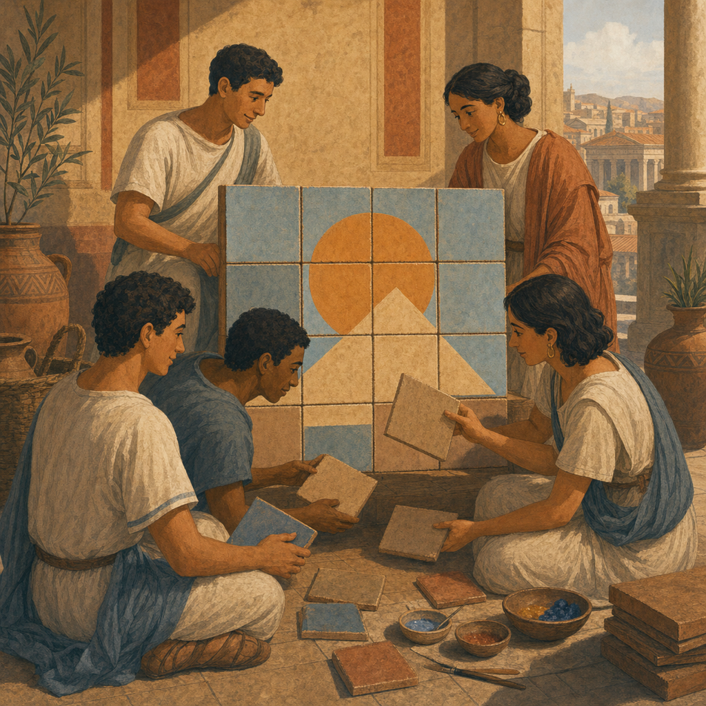 Quinque sodales Romani magnam imaginem montis ex tabellis fictilibus pictis componunt; paucae tabellae simplices aut vacuae manent.