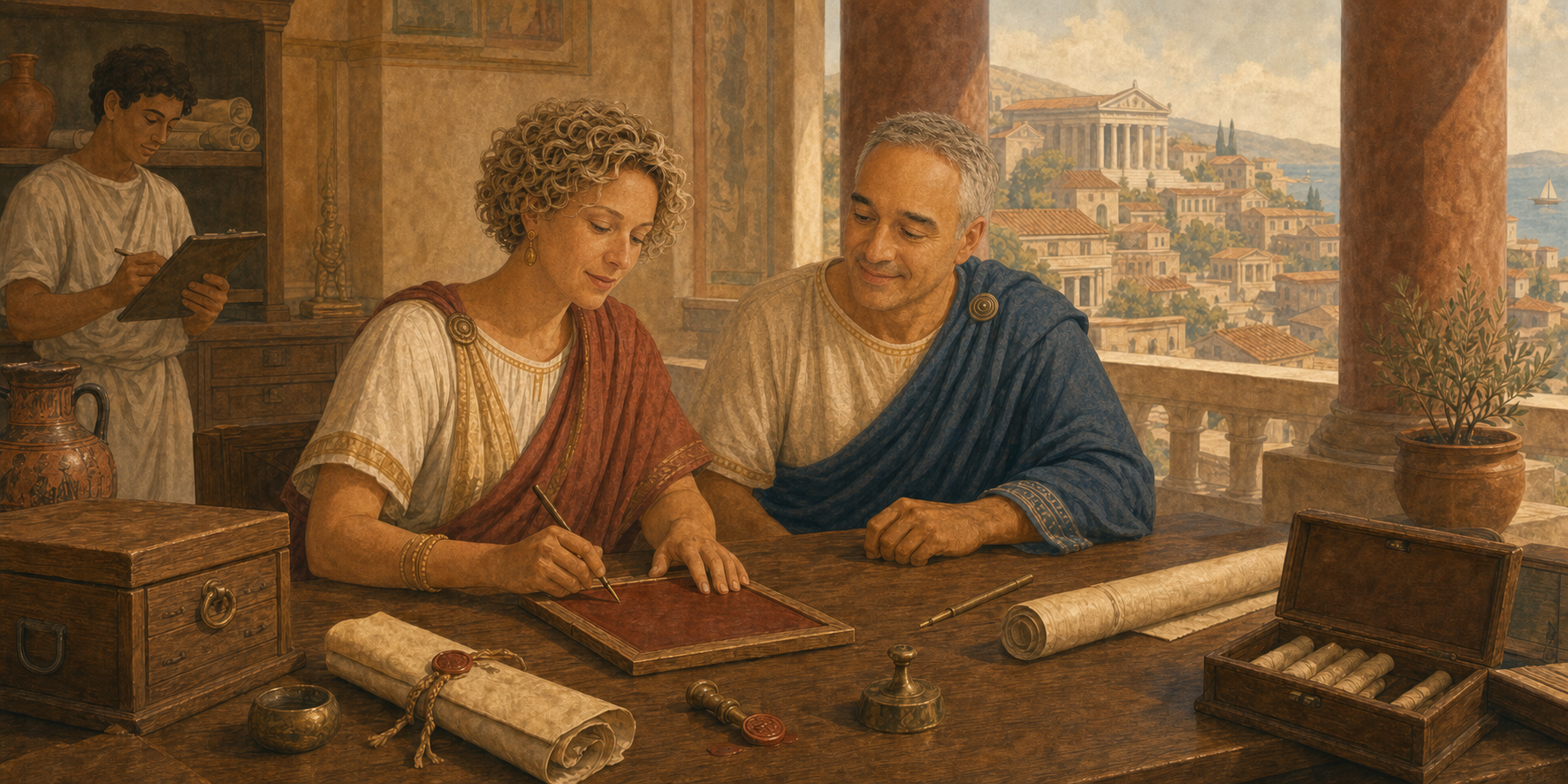 Duo socii in tabulario Romano tabulam ceratam una recognoscunt, cum papyris, sigillis, et teste.