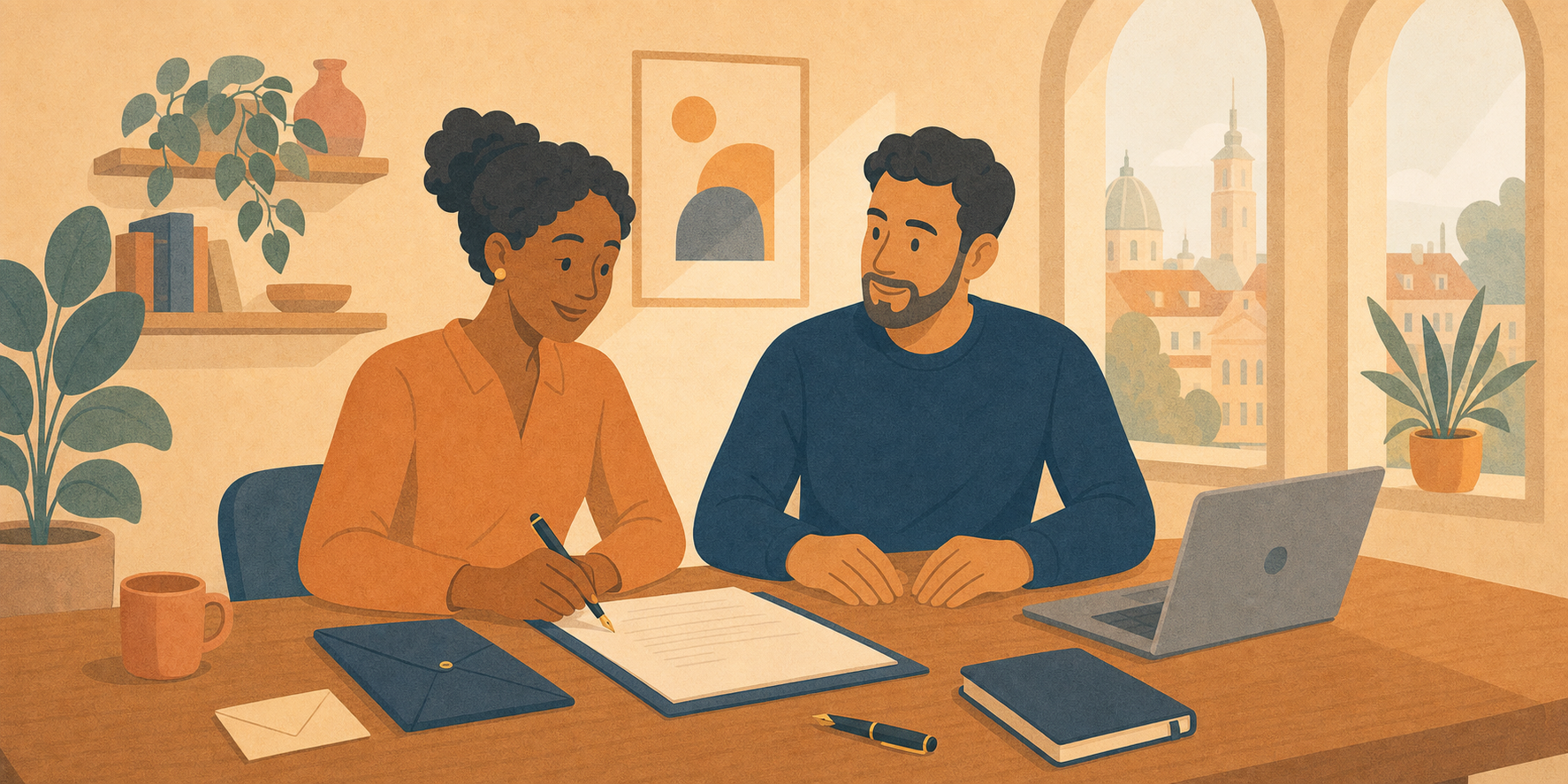 Two independent consultants review and sign a document together in a warm, light-filled studio.