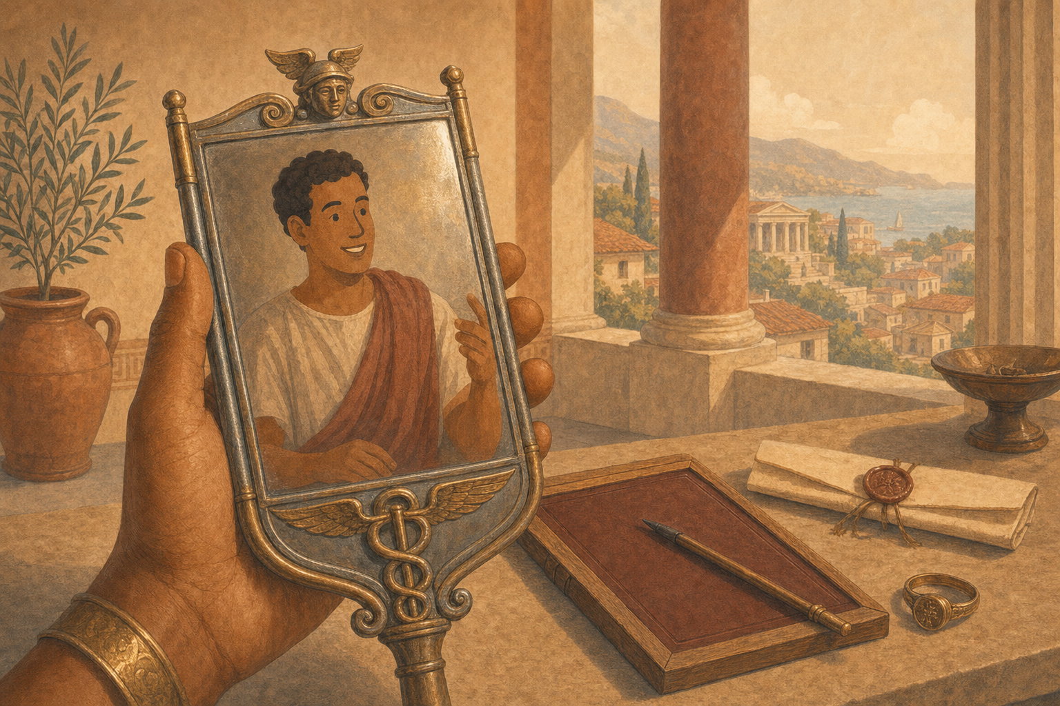Manus Romana tabulam loquentem a Mercurio quasi allatam tenet; in superficie polita facies viri subridentis apparet, cum stilo, sigillo, et epistula iuxta positis.