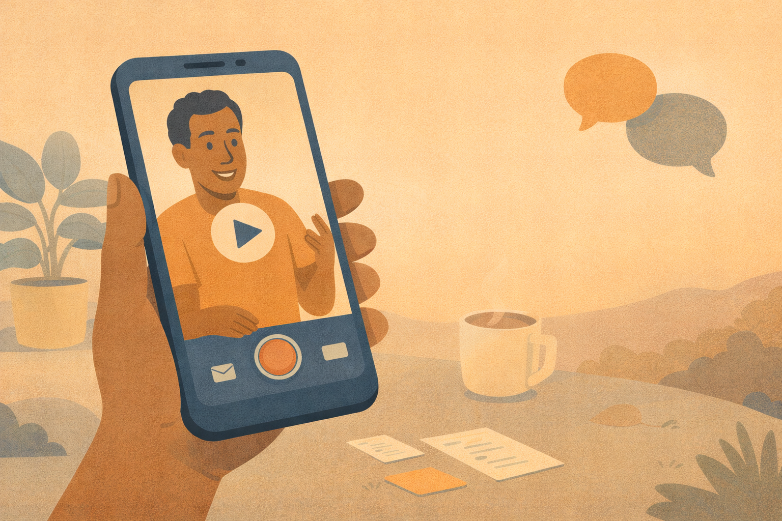 An illustration of a hand holding a smartphone showing a smiling man on a video call, representing the personal and human-centric VideoAsk contact method at Umami.