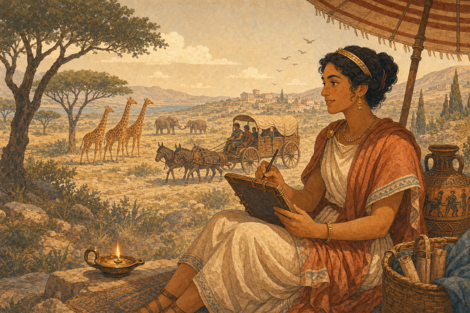 Femina Romana sub umbella itineraria in margine campi sedet et in codice cerato scribit; camelopardales, elephanti, plaustrum viatorium, et parva lucerna inventionem subito ortam significant.