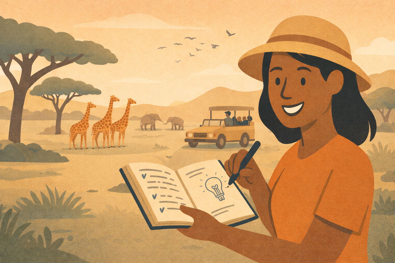 A smiling woman in a safari hat writing in a field journal with a lightbulb sketch, with giraffes, elephants, and a safari vehicle in the background savanna. It represents the fun style of our newsletter.